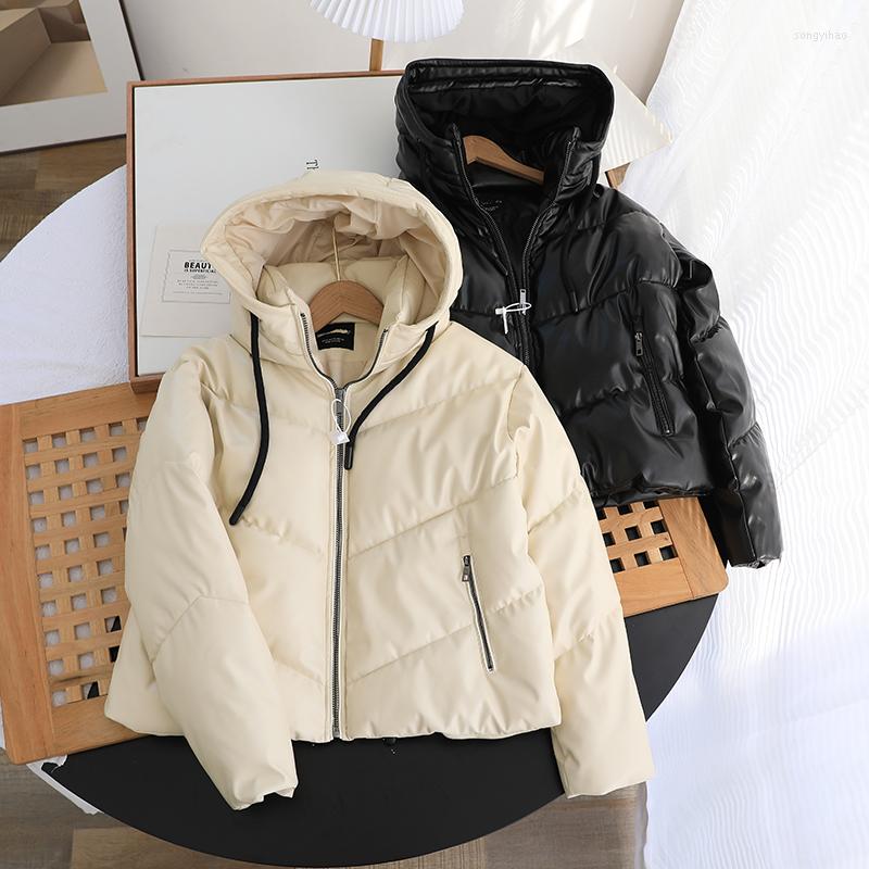 

Women' Trench Coats Ailegogo Loose PU Leather Parkas Women Fashion Hooded Faux Elegant Solid Zipper Cotton Jackets Female Ladies, Beige