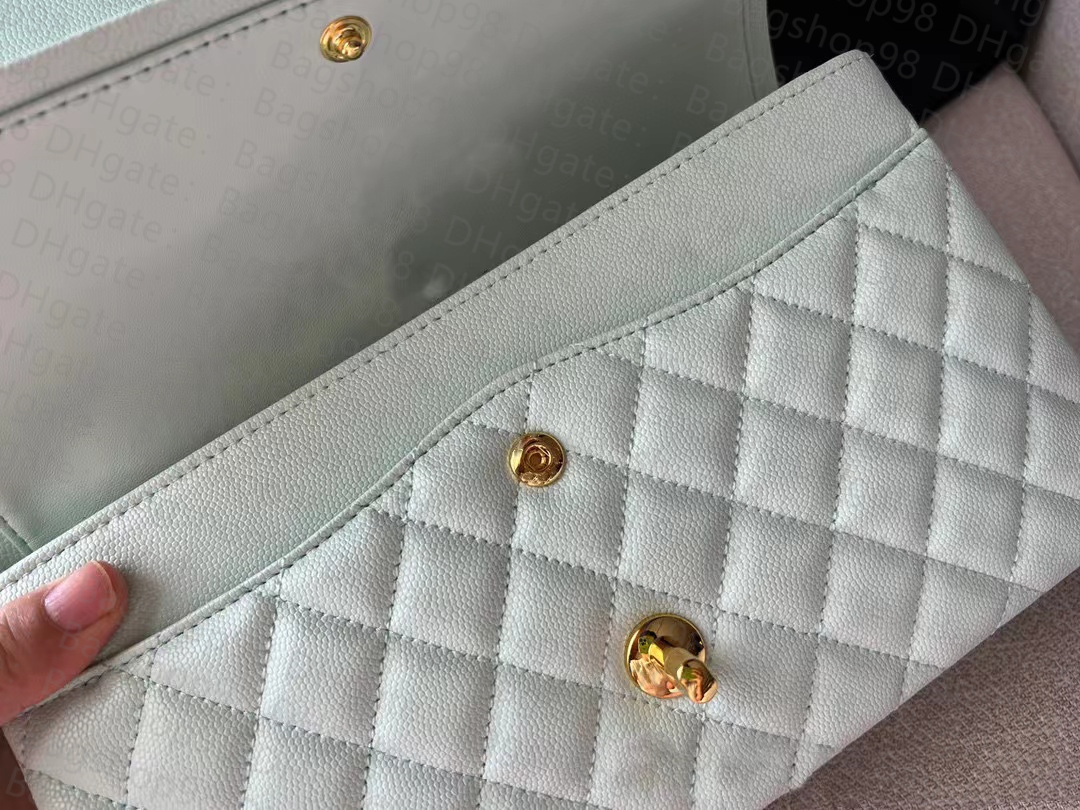 

5A original metal CF shoulder bag Woman slant chain bag classic rhomb caviar cowhide original LOGO luxury brand purse fashion, Light green