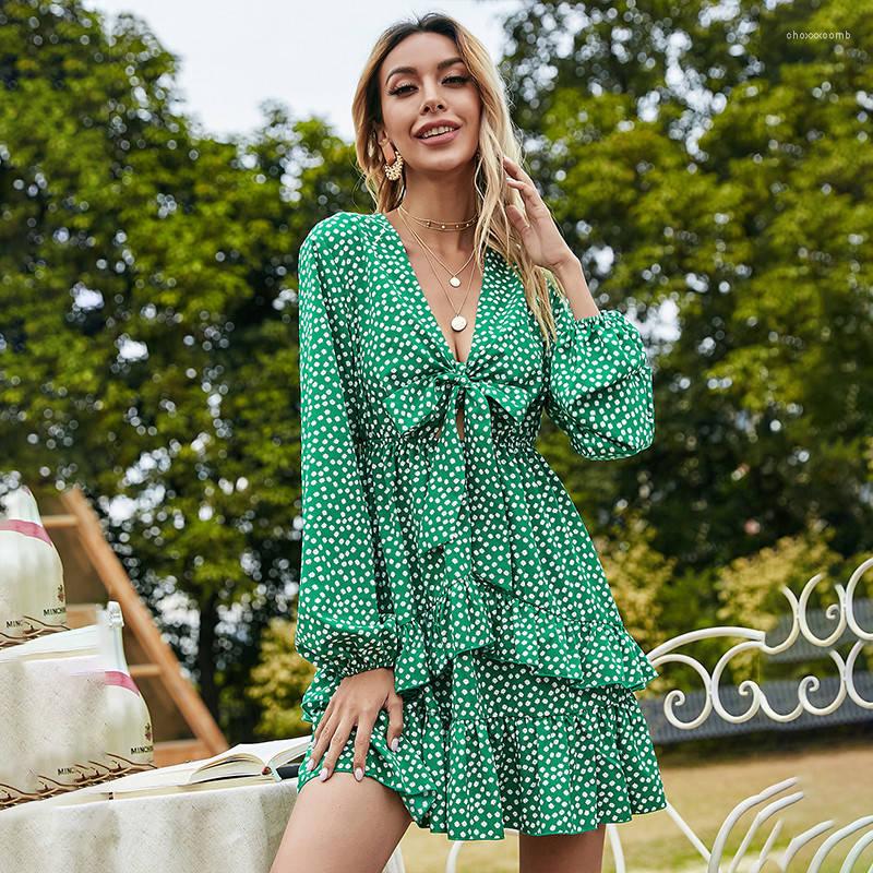 

Casual Dresses Women Full Sleeve V Neck Bow Ruffles Polka Dot Dress For Woman Summer Short Spring Sexy Print, Green