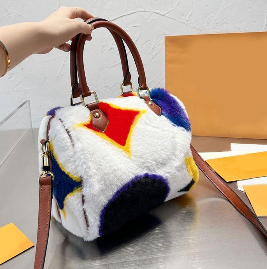 

Lamb Wool Boston Bag Women Pillow Handbags Crossbody Shoulder Bag Winter Tote Bags Leather Handle Imprint Letters Big Barrel Purse Wallets, A2 size 25x19cm