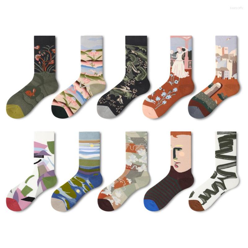 

Men's Socks Female Tide Tube Street Korean Version Of The Long Autumn/winter Creative Oil Painting Art Japanese Male, Picture color
