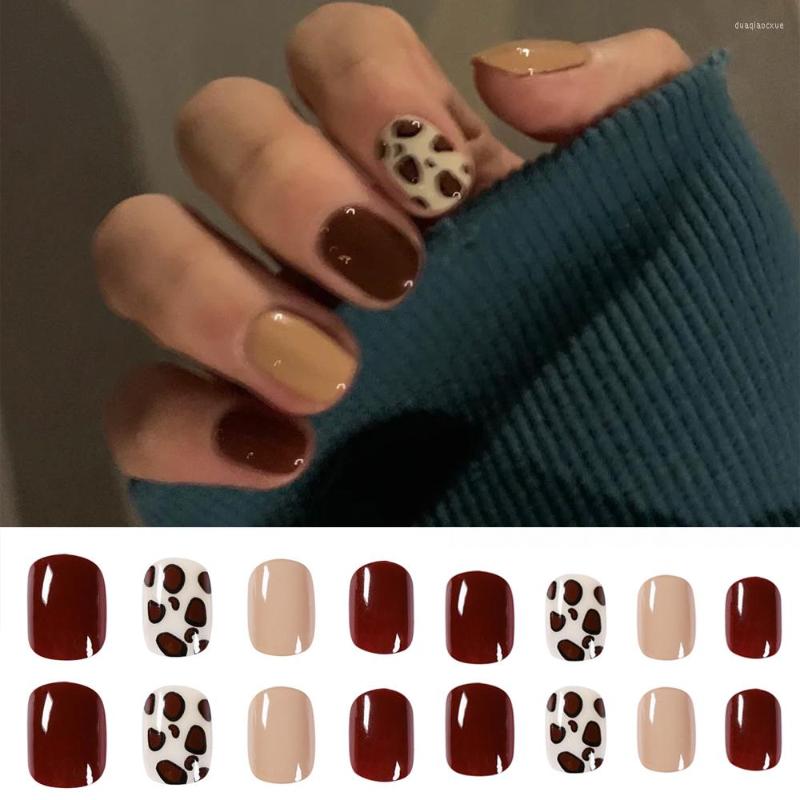 

False Nails Caramel Milk Tea Leopard Print Short Nail Wearing Finished Fake Removable Patch Salon 24Pcs/box, Jelly glue