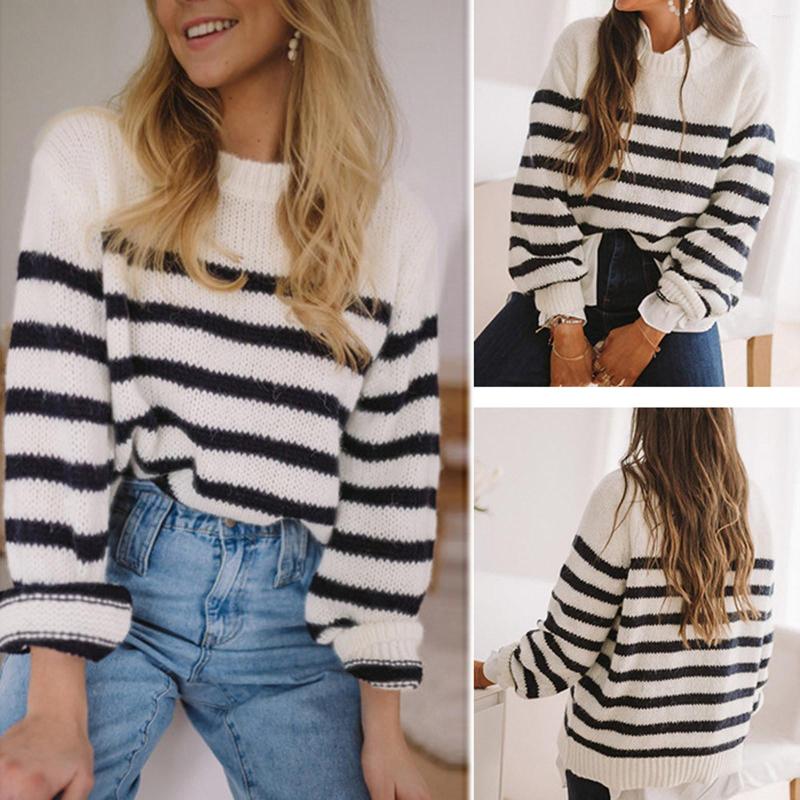 

Women' Sweaters Fashion Women' Autumn Long Sleeve O-Neck Thick Striped Patchwork Pullover Tops Knitted Warm Sweater Jumper Sueter, White