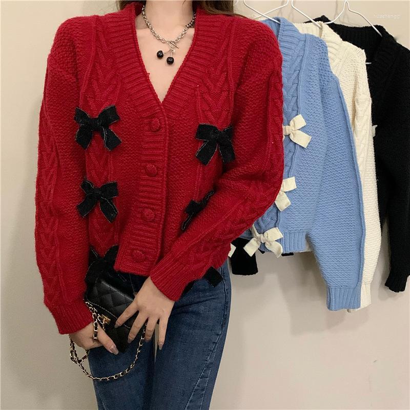 

Women's Knits Fashion V Neck Single Breast Long Sleeve Cardigans Sweater Women Bow Design Thick Warm Pull Female Winter Outwear Women's, Black