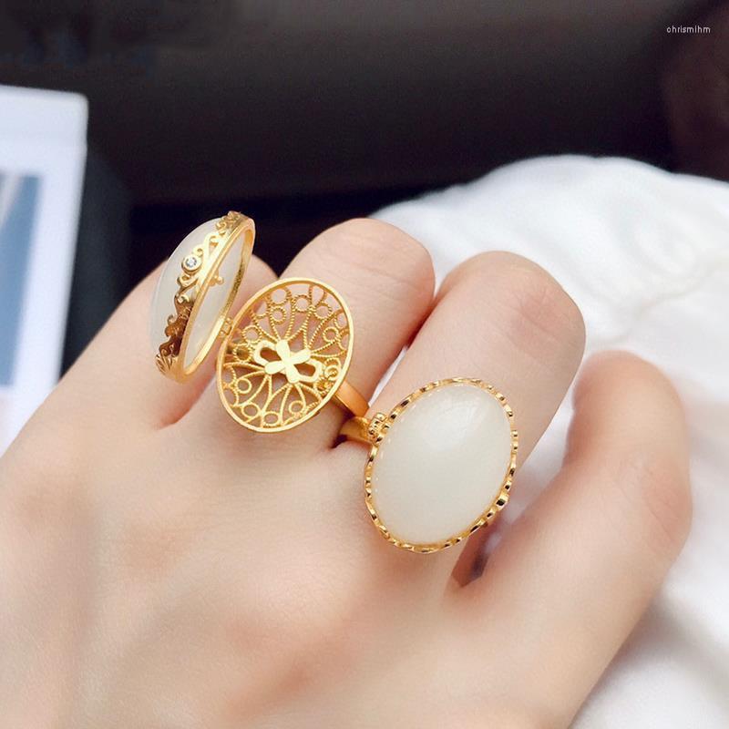 

Cluster Rings Original Design Natural Hetian Jade Oval Open Delicate Ring Opening Adjustable Vintage Sachet Women's Charm Jewelry