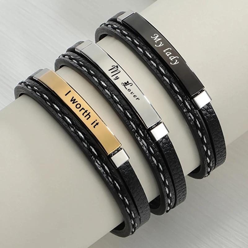 

Charm Bracelets Personalized Men Leather Name Bracelet Punk Letter Lucky Numbers Stainless Steel Layered Braided Bangle For Lovers