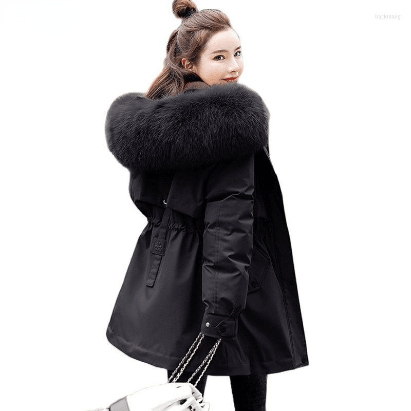 

Women's Trench Coats Winter Jacket Women Thick Cotton Padded Warm Parkas Mujer Fashion Faux Fur Collar Hooded Coat Female Plus Size Long, Beige