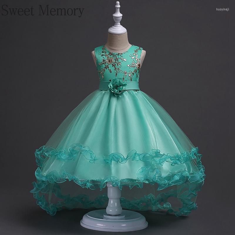

Girl Dresses High Low Dress Blue Gray Green Purple Flower 2022 O-Neck Appliques Lace Girls Vestidos With Flowers Sweet Memory