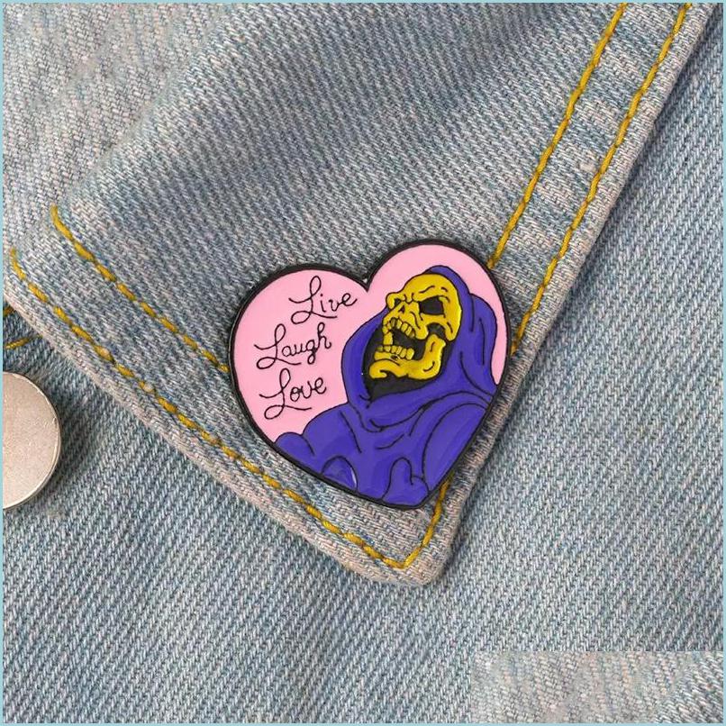 

Pins Brooches Live Laugh Love Enamel Pin Heart Shape Skeleton Badge Brooch Lapel For Denim Jeans Shirt Bag Gothic Jewelry Jewelshops Dhcyb