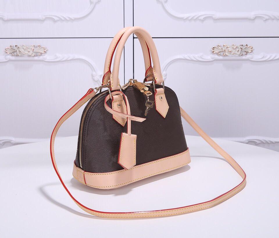 

2022 Alma BB Women Handbag Genuine Leather Shell Bag Luxury Designers Bags Brand Tote Ladies Purse with Cross body Straps and Lock, Brown+flower