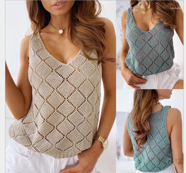 

Women' Tanks European And American Summer Tops V-neck Hollow Out All-match Vest, Beige