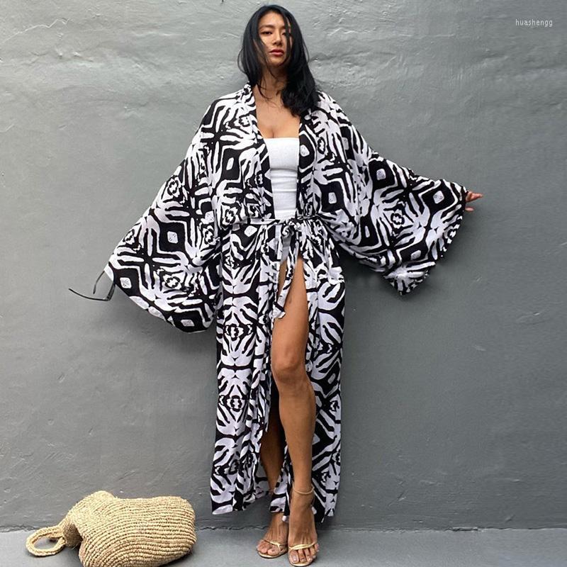 

Women's Swimwear Women's Print Kaftan 2022 Long Cardigan Fashion Sleeve Outer Cover Loose Sun Protection Casual Tunic Cotton Cover-ups, 01