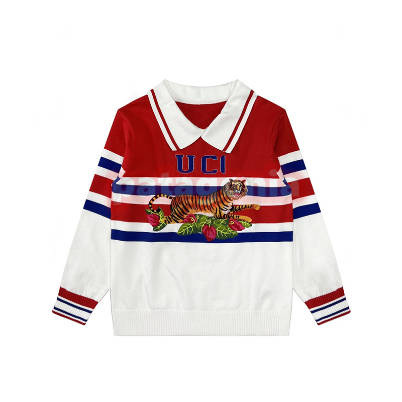 

Womens Fashion Brand Striped Sweaters Designer Mens Lapel Neck Knitted Jumper Ladies Embroidery Pullover Tops -L, Red