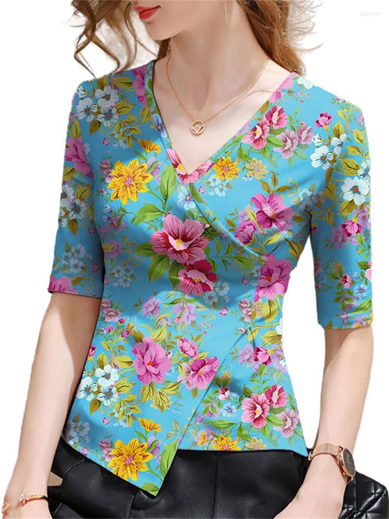 

Women's Blouses 4XL Women Spring Summer Shirts Lady Fashion Casual Short Sleeve V-Neck Collar Stripe Flower Printing Blusas Tops G2304, Black