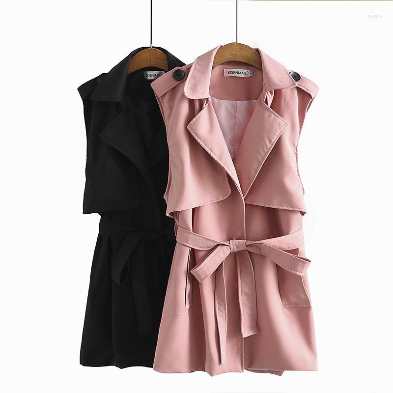 

Women's Trench Coats Large Size Women's Vest Tops Mid-Length Korean Style Temperament Lace Up Waist Sleeveless Jacket Waistcoat Trendy, Black