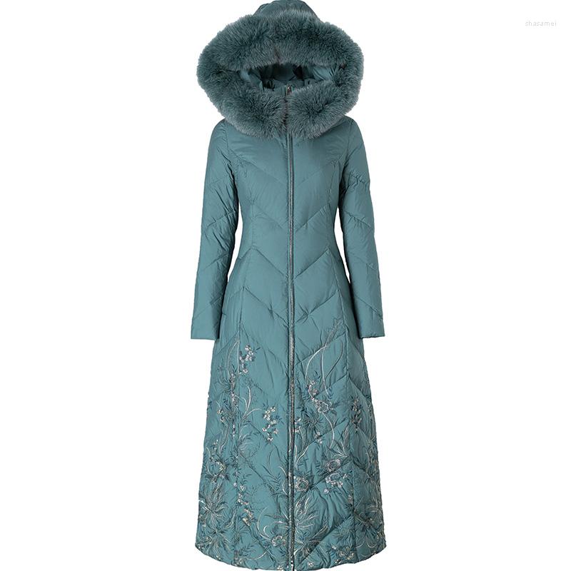 

Women' Trench Coats 2022 Arrival Printed Hooded Big Fur Collar Thickened Warm Long Down Coat For Woman, Green