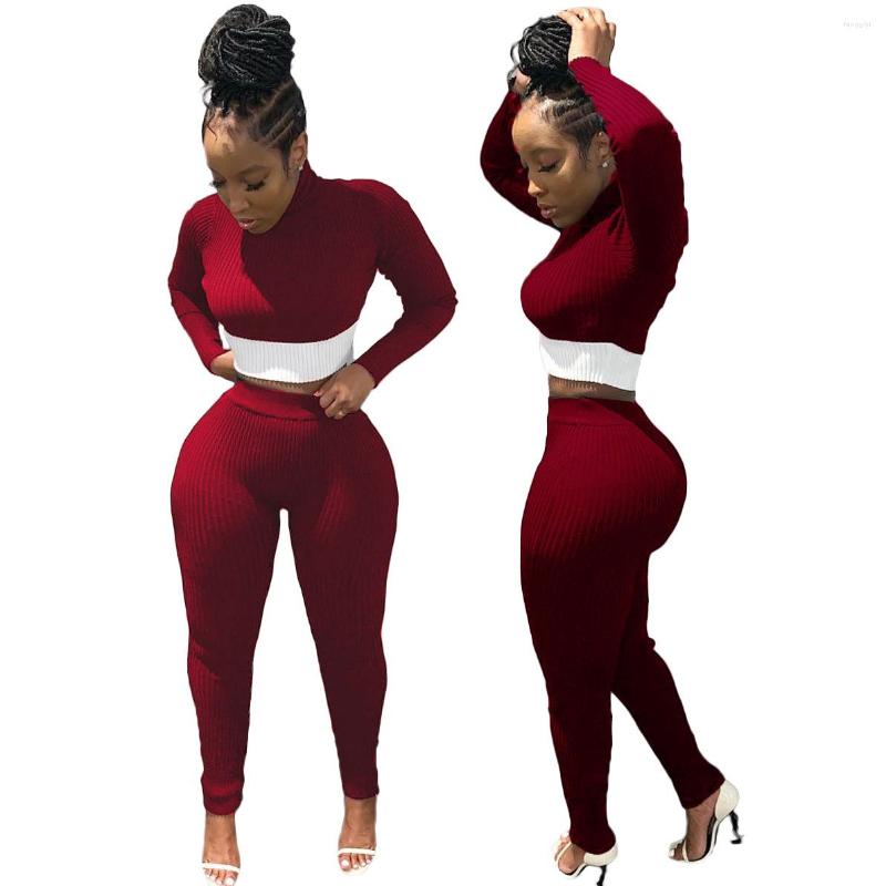 

Women' Two Piece Pants 70LM8295 Autumn Winter Women Casual Fashion Sexy Skinny Navel Pit Strip Stitching And Color Set, Maroon