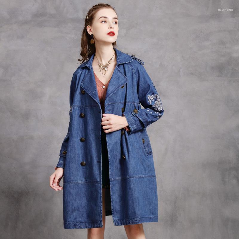 

Women's Trench Coats Johnature Women Vintage Embroidery Denim High Quality Button Pockets Patchwork 2022 Autumn Female Chinese Style, Denim blue