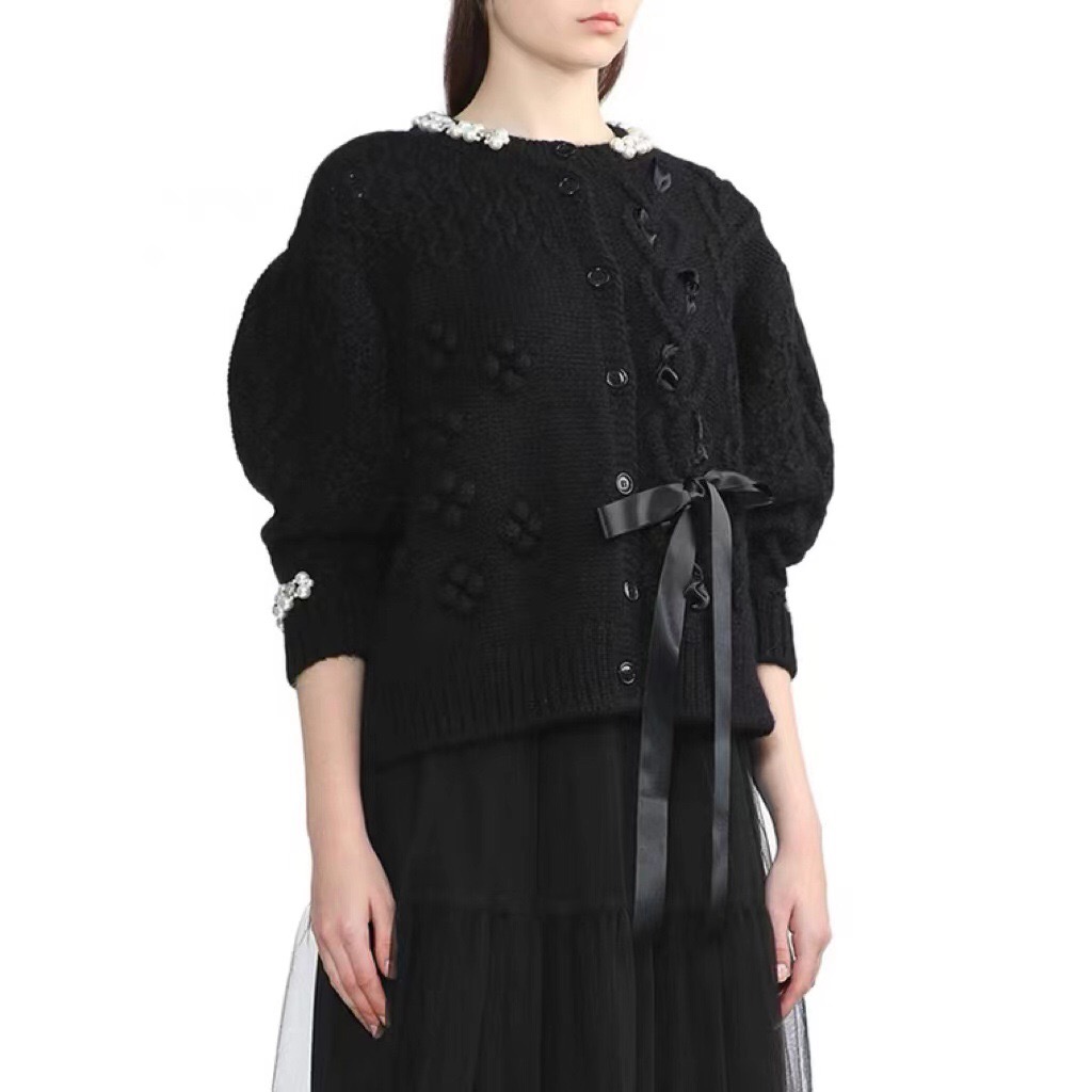 

Women Winter Wool Blended Sweater Cardigan Coat SimoneR Full Sleeve Crew Neck Solid Color Cardigan Pearl Ribbon, Black