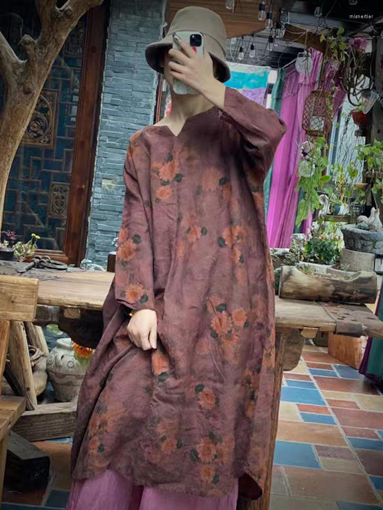 

Casual Dresses 2022 Womens Vintage Print Floral High Quality Loose Pullover Robes Autumn Long Sleeve Female Chinese Style Linen Dress, Old red