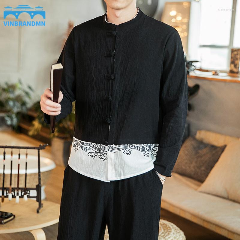 

Ethnic Clothing 2022 Chinese-style Retro Tang Suit Cotton And Linen Fake Two-piece Long-sleeved Shirt Patchwork Coat Plus Size Men's