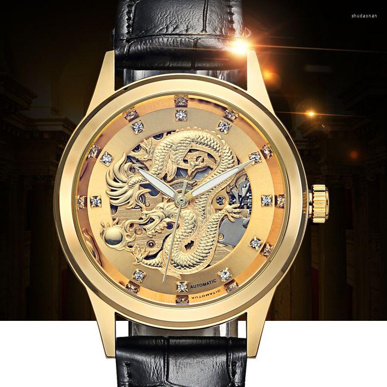 

Wristwatches WLISTH Luxury Golden Dragon Leather Men Mechanical Watch Automatic Skeleton Luminous Waterproof Men's Reloj Hombre, Gold