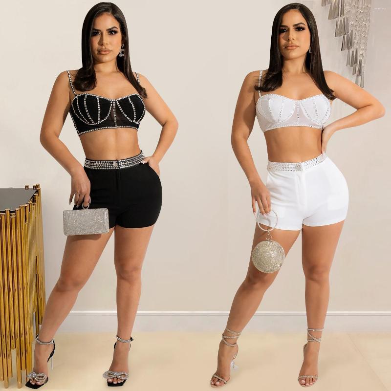 

Women' Tracksuits 2022 Summer Women Sexy Two Piece Set Drill Sling Zipper Wrap Chest Tank Top And Shorts Street Style, X5676-black