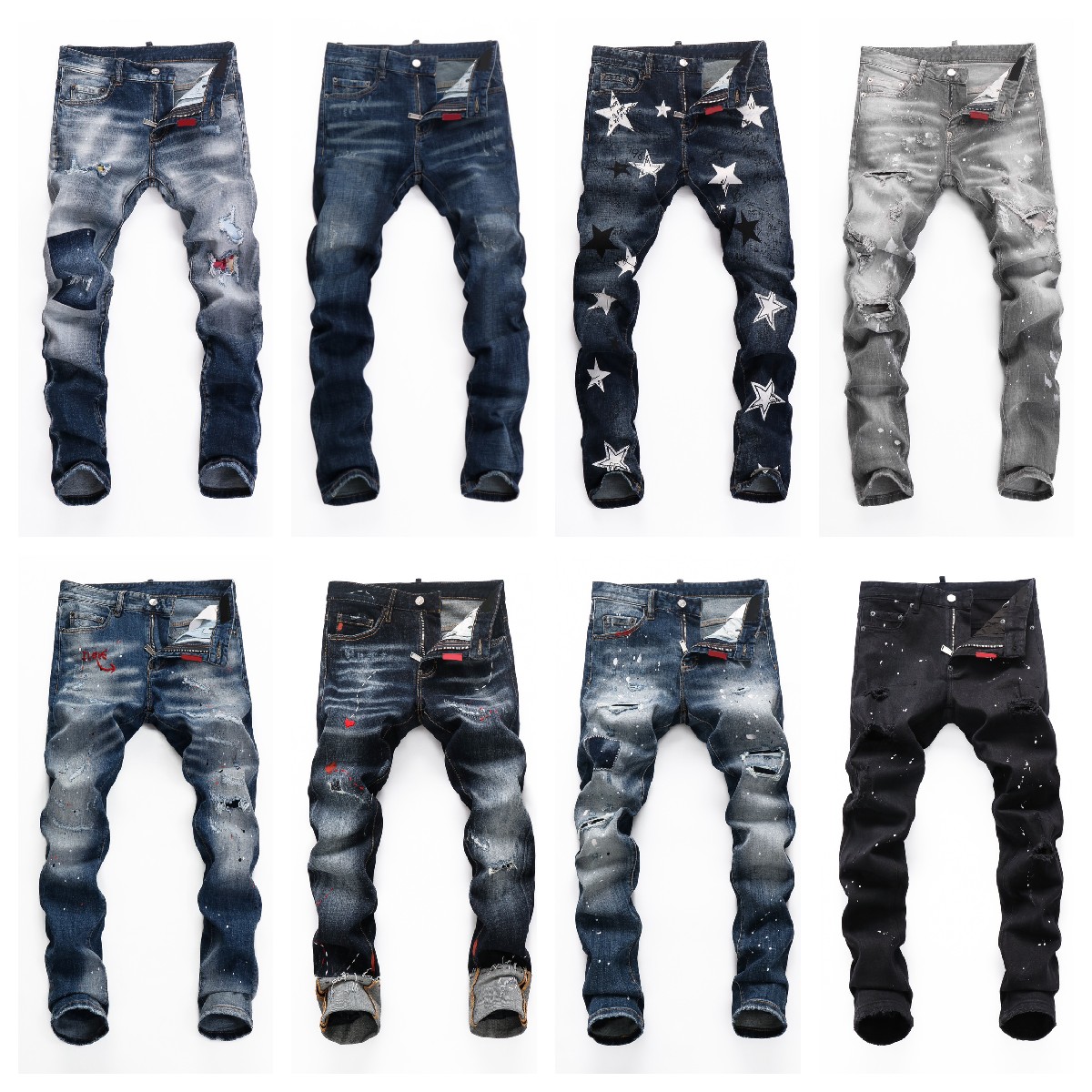 

Fashionable Designer Jeans Mens Motorcycle Denim Skinny Feet Ripped fashion D2 Paint Splattered Retro streetwear Beggar Jean Size, I need look other product