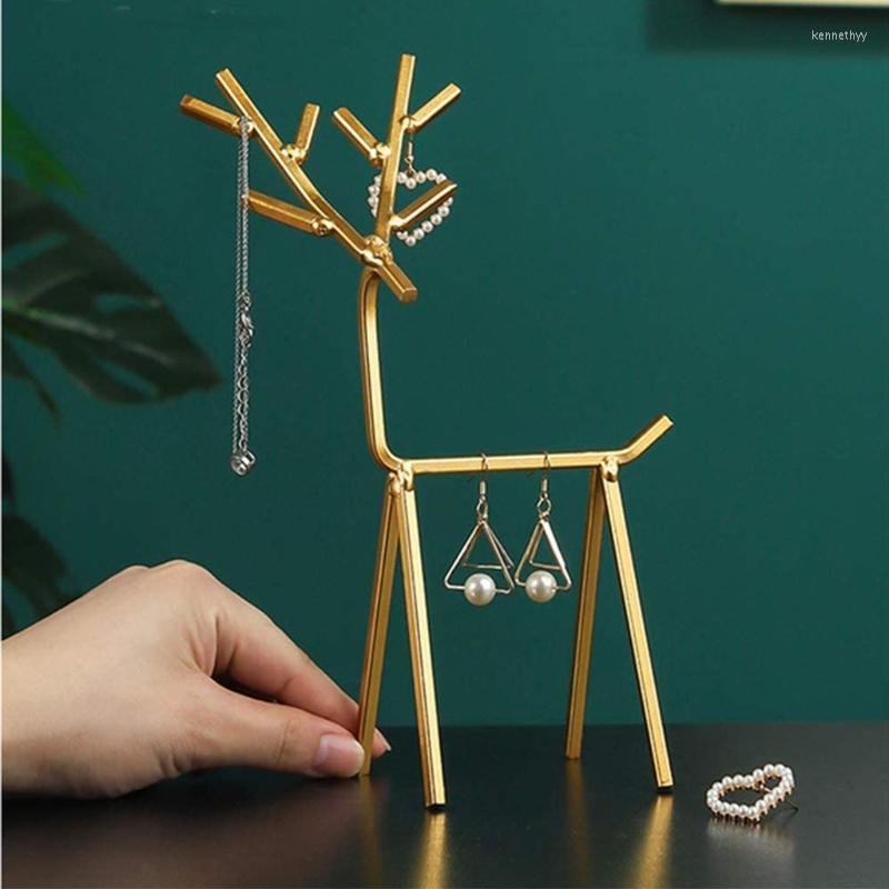 

Jewelry Pouches 3D Golden Deer Display Stand Geometric Ring Earrings Organizer Tree C1FE