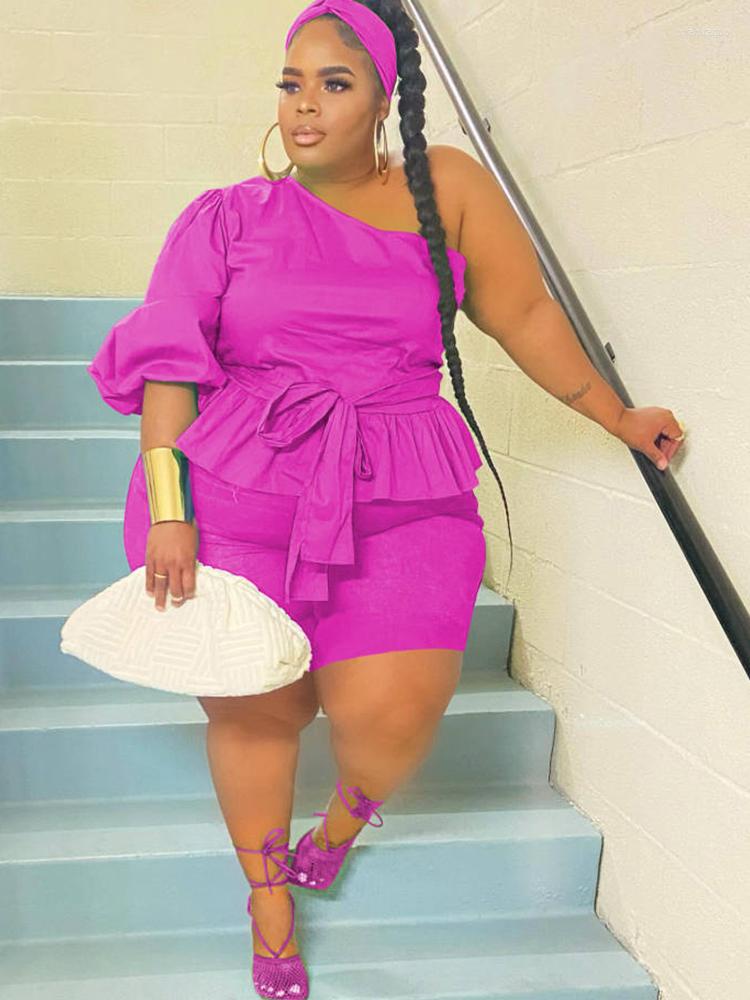 

Tracksuits Summer Plus Size Women Clothing Two Piece Set Ruffled One Shoulder Top And Shorts Sets Ladies Outfit Wholesale Bulk Drop, Black