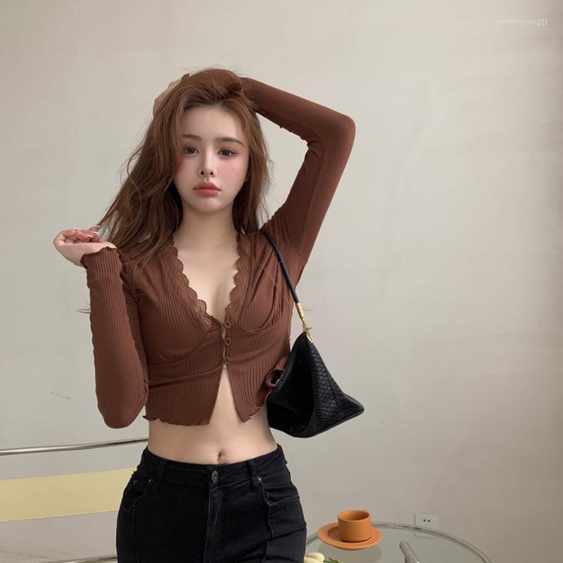 

Women's Knits Cardigan Women Brick Red Open Stitch Sweater 2022 Cropped Top V-neck Lace Long Sleeve Spring Tops, Brown
