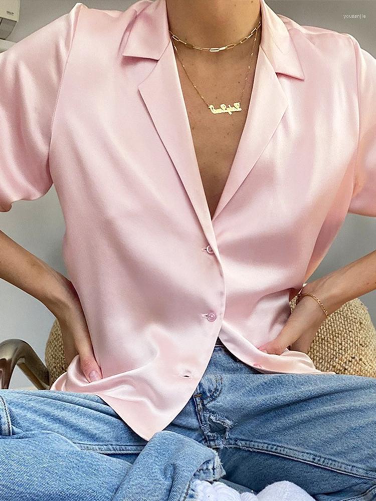 

Women' Blouses Casual Stain Tops And Blouse Short Sleeve Turn Down Collar Comfort Fashion Femme Shirts Button Solid Color 2022 Summer, Pink