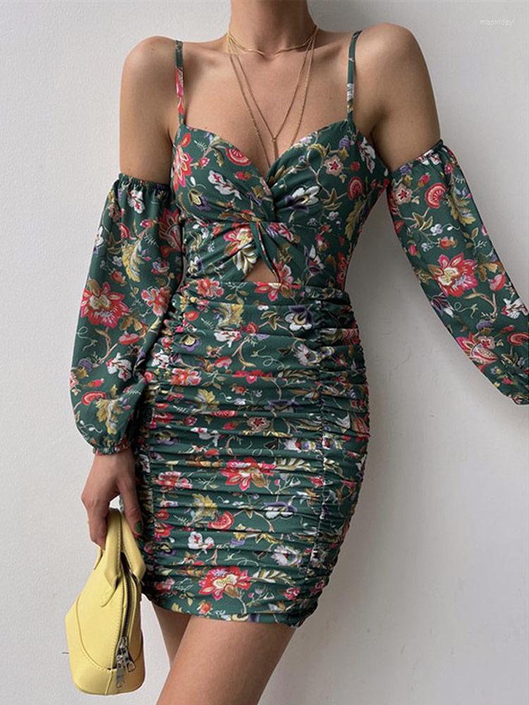 

Casual Dresses Floral Print Pleated Dress Women Summer Chic Sexy Spaghetti Strap Puff Sleeve Zip Lady Mini Fashion Bodycon Vestid, Orange
