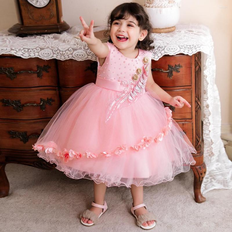 

Girl Dresses Kids Girls Florals Party Dress Princess Flower Elegant Pink Gown For First Communion Birthday Wedding, N3165-skin pink