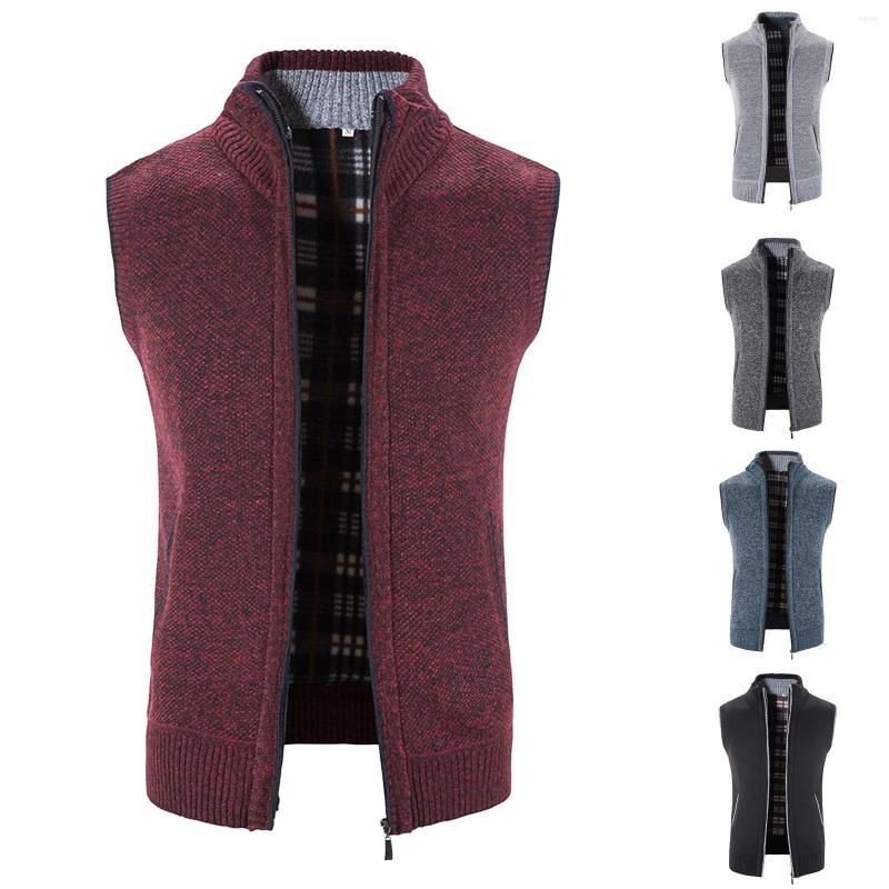 

Men's Vests Men's Casual Plaid Sleeveless Vest Zipper Stand Collar Tops Sweater Cardigan Check Lining Knitted, Bk