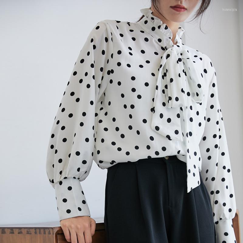 

Women' Blouses 2022 Fall Style Wood Ear Lace Stand Collar Lantern Sleeve Long Sweet And Elegant Classic Polka Dot Shirt, Black