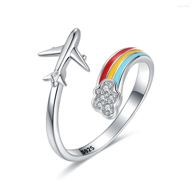 

Cluster Rings 925-Sterling-Silver Adjustable Open Airplane Rainbow With Enamel Engagement Christmas Birthday Gifts For Women Teen Girls