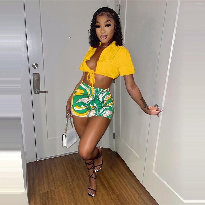 

Women' Tracksuits RMSFE 2022 Casual Women Fashion Short Sleeve Lapel Single Breasted Solid Color Shirt Printed Shorts Two Piece Set, Yellow