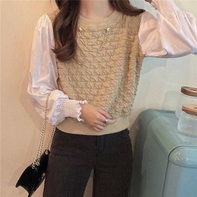 

Women' Sweaters Woman Pullover Contrast Color Knitted Women' Winter Slim Fit Puff Sleeve Stitching Ruffle Top Femme Chandails, Black