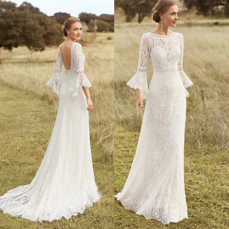 

Elegant Bohemian Lace Wedding Dresses A-Line Bridal Gowns Flare Long Sleeve Open Back Country Robe De Mariage Ivory Color, Picture color