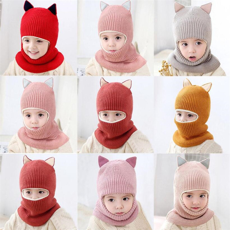 

Baby Winter Hat Boy Girl Hood Scarf Cap for Toddler Kids Cartoon Fox Cotton Coif Joint Crochet Knitted Neck Warmer 1-5 Years 20221005 E3