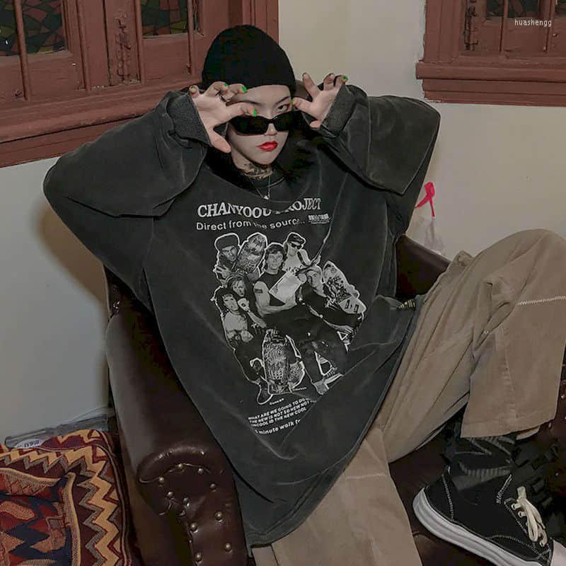 

Women' Hoodies Gray Sweatshirt High Street Hong Kong Style Harajuku Retro Female Loose Large Size Oversize O-neck Capless Pullover Top