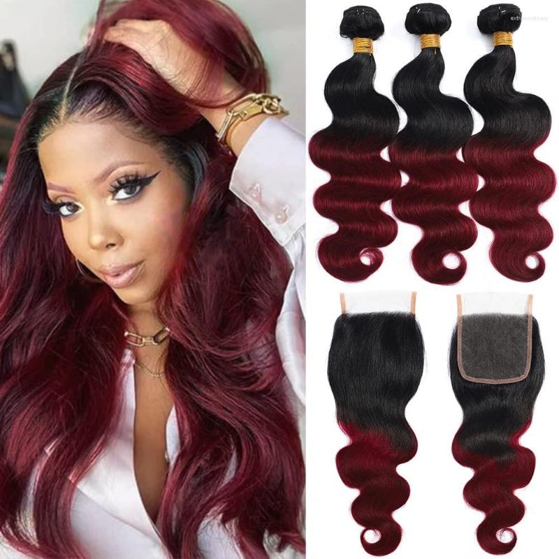 

Human Hair Bulks Brazilian Body Wave Bundles With Closure T1B/99j Ombre Burgundy Brown Blonde Weave Remy