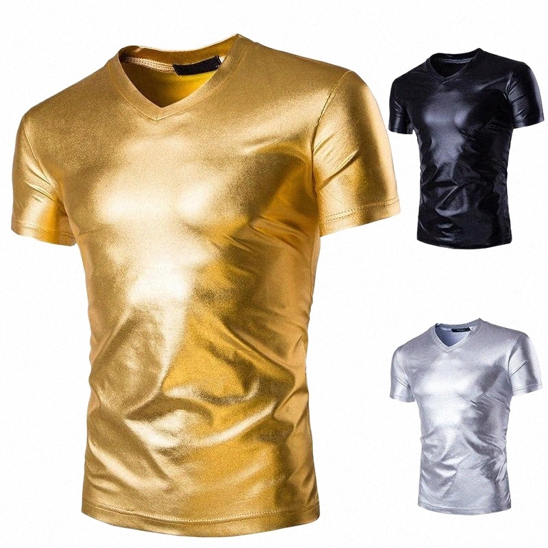 

men's T-Shirts Fashion Summer Shiny Men T-shirt V-neck Bright Nightclub Clothing Sexy Short Sleeve Tshirt Boy Gold Oversized T Shirt Xxxl 4x F4is#