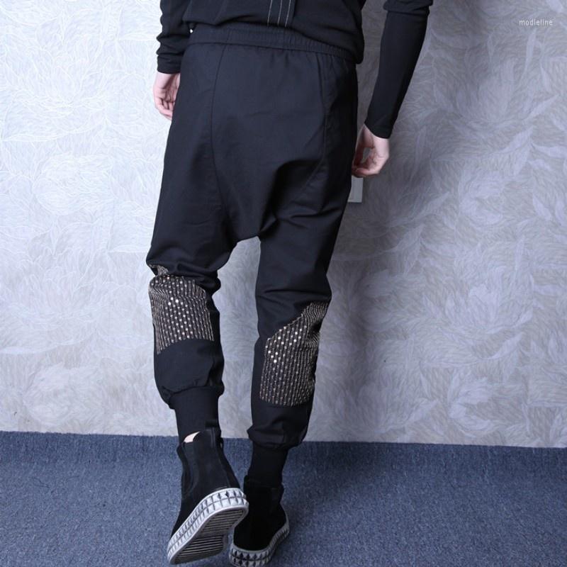 

Men' Pants Mens Fashion Hip Hop Drop Crotch Harem Rivets Embroidery Joggers Eleastic Waist Stage Show Shiny Casual Trousers, Black
