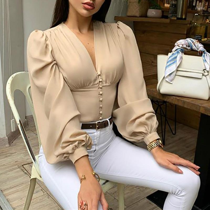 

Women's Blouses Women's & Shirts 2022 Autumn Ladies Elegant Blouse Lantern Tops V Neck Top Fashion Long Sleeve Women Vintage Button Up, Khaki
