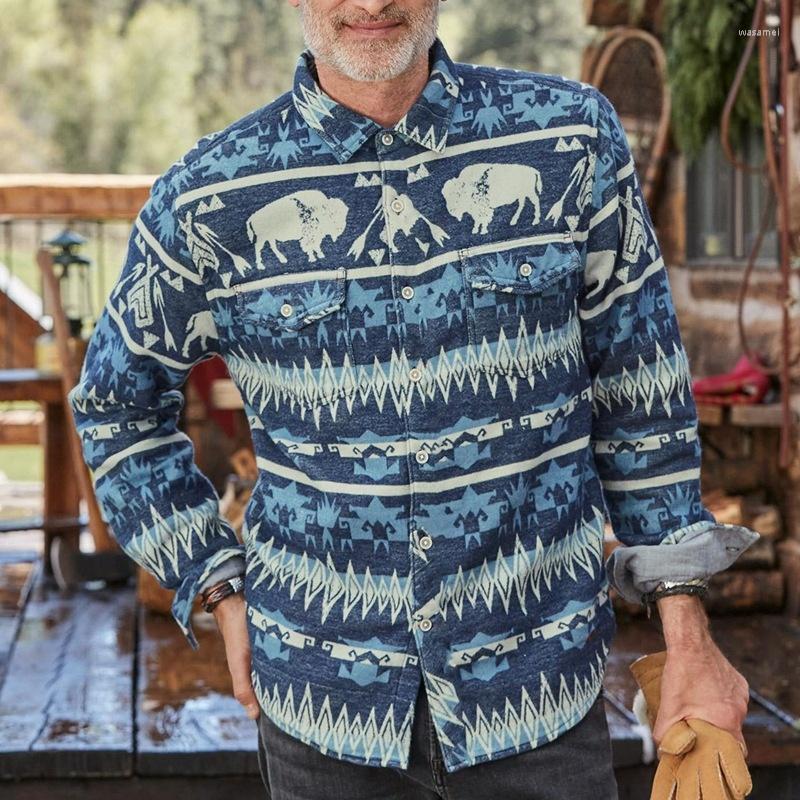 

Men's Casual Shirts Mens Autumn Winter All Over African Printed For Men Double Button Pocket Shirt Jacket Blue, No2 flower