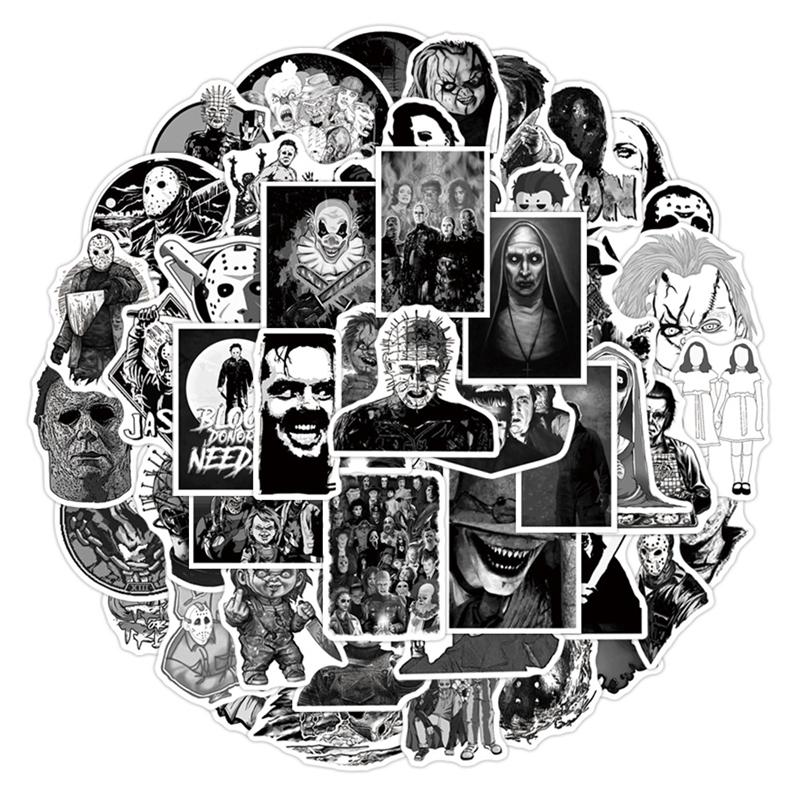 

50PCS Horror Movie Thriller Killer Stickers black and white Halloween for Laptop Water Bottles, Multi colors