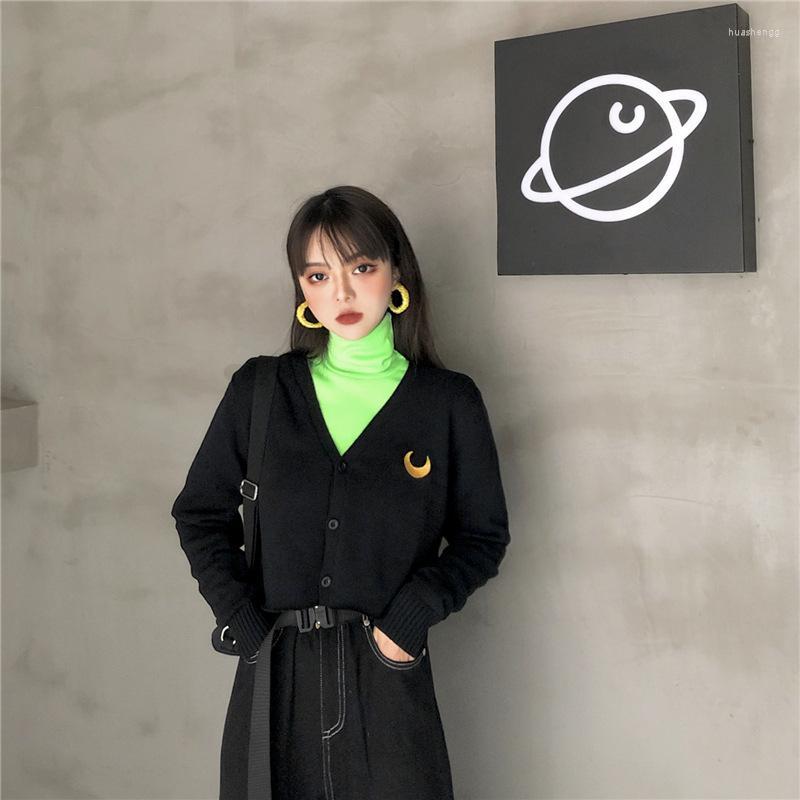 

Women's Knits Fall Winter Loose Casual Fashion All-match Sweaters Streetwear Elastic V-neck Embroider Moon Solid Women Knitted Coat, Green under shirt