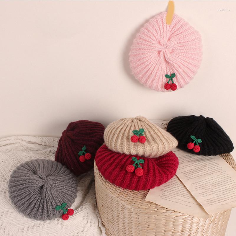 

Hats Japan Style Children Baby Girl Beret Hat Cap Winter Warm Cute Cherry Toddler Kids Girls Woolen Crochet Knitted Painter, Black
